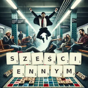 Kreatywna ilustracja do gry w Scrabble ze słowem SZEŚCIENNYM ułożonym z płytek na planszy.