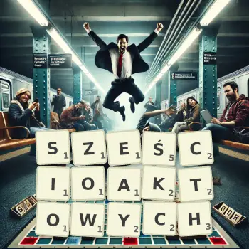 Kreatywna ilustracja do gry w Scrabble ze słowem SZEŚCIOAKTOWYCH ułożonym z płytek na planszy.