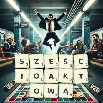 Kreatywna ilustracja do gry w Scrabble ze słowem SZEŚCIOAKTOWĄ ułożonym z płytek na planszy.