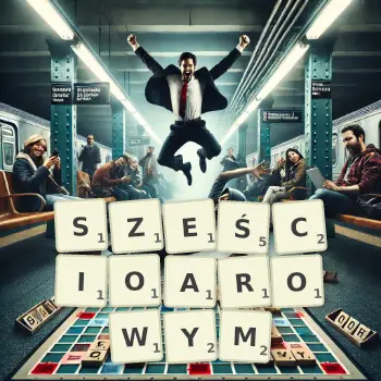 Kreatywna ilustracja do gry w Scrabble ze słowem SZEŚCIOAROWYM ułożonym z płytek na planszy.