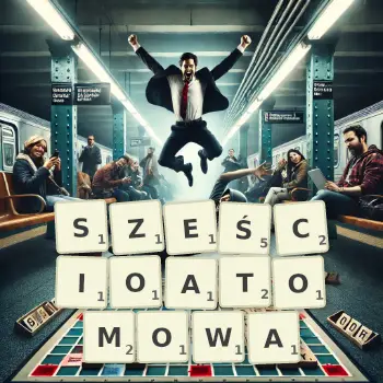 Kreatywna ilustracja do gry w Scrabble ze słowem SZEŚCIOATOMOWA ułożonym z płytek na planszy.