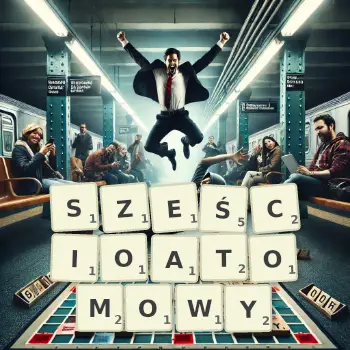 Kreatywna ilustracja do gry w Scrabble ze słowem SZEŚCIOATOMOWY ułożonym z płytek na planszy.