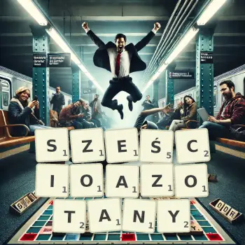 Kreatywna ilustracja do gry w Scrabble ze słowem SZEŚCIOAZOTANY ułożonym z płytek na planszy.