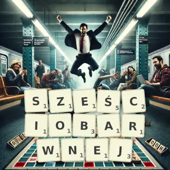 Kreatywna ilustracja do gry w Scrabble ze słowem SZEŚCIOBARWNEJ ułożonym z płytek na planszy.