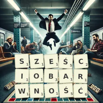 Kreatywna ilustracja do gry w Scrabble ze słowem SZEŚCIOBARWNOŚĆ ułożonym z płytek na planszy.
