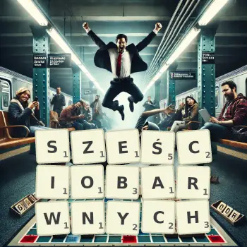 Kreatywna ilustracja do gry w Scrabble ze słowem SZEŚCIOBARWNYCH ułożonym z płytek na planszy.