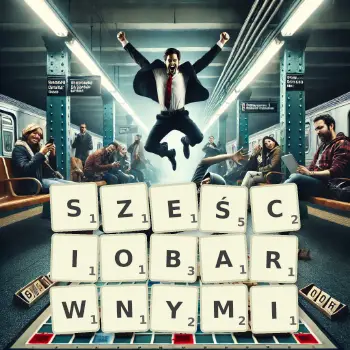 Kreatywna ilustracja do gry w Scrabble ze słowem SZEŚCIOBARWNYMI ułożonym z płytek na planszy.