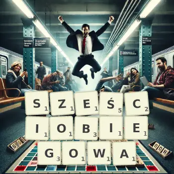 Kreatywna ilustracja do gry w Scrabble ze słowem SZEŚCIOBIEGOWA ułożonym z płytek na planszy.