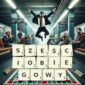 Kreatywna ilustracja do gry w Scrabble ze słowem SZEŚCIOBIEGOWY ułożonym z płytek na planszy.
