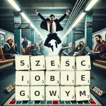 Kreatywna ilustracja do gry w Scrabble ze słowem SZEŚCIOBIEGOWYM ułożonym z płytek na planszy.