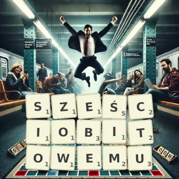 Kreatywna ilustracja do gry w Scrabble ze słowem SZEŚCIOBITOWEMU ułożonym z płytek na planszy.