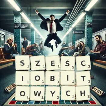 Kreatywna ilustracja do gry w Scrabble ze słowem SZEŚCIOBITOWYCH ułożonym z płytek na planszy.