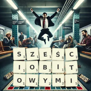 Kreatywna ilustracja do gry w Scrabble ze słowem SZEŚCIOBITOWYMI ułożonym z płytek na planszy.