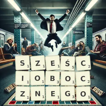Kreatywna ilustracja do gry w Scrabble ze słowem SZEŚCIOBOCZNEGO ułożonym z płytek na planszy.