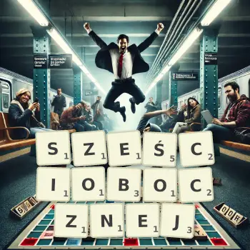 Kreatywna ilustracja do gry w Scrabble ze słowem SZEŚCIOBOCZNEJ ułożonym z płytek na planszy.