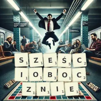 Kreatywna ilustracja do gry w Scrabble ze słowem SZEŚCIOBOCZNIE ułożonym z płytek na planszy.