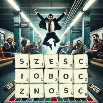 Kreatywna ilustracja do gry w Scrabble ze słowem SZEŚCIOBOCZNOŚĆ ułożonym z płytek na planszy.