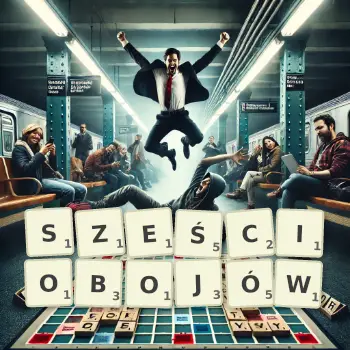Kreatywna ilustracja do gry w Scrabble ze słowem SZEŚCIOBOJÓW ułożonym z płytek na planszy.