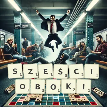 Kreatywna ilustracja do gry w Scrabble ze słowem SZEŚCIOBOKI ułożonym z płytek na planszy.