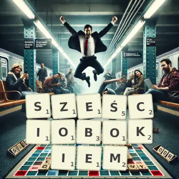 Kreatywna ilustracja do gry w Scrabble ze słowem SZEŚCIOBOKIEM ułożonym z płytek na planszy.