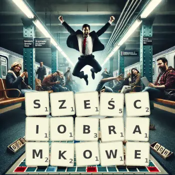 Kreatywna ilustracja do gry w Scrabble ze słowem SZEŚCIOBRAMKOWE ułożonym z płytek na planszy.