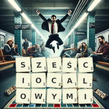 Kreatywna ilustracja do gry w Scrabble ze słowem SZEŚCIOCALOWYMI ułożonym z płytek na planszy.