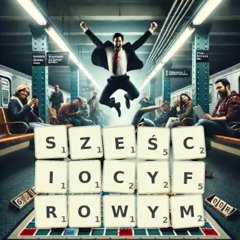 Kreatywna ilustracja do gry w Scrabble ze słowem SZEŚCIOCYFROWYM ułożonym z płytek na planszy.
