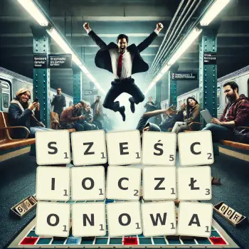 Kreatywna ilustracja do gry w Scrabble ze słowem SZEŚCIOCZŁONOWA ułożonym z płytek na planszy.