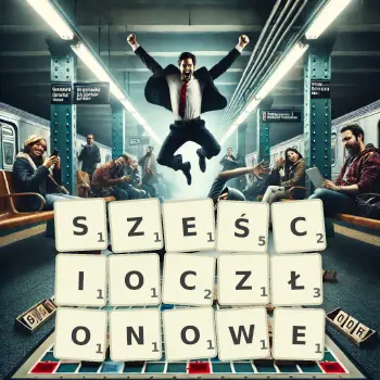 Kreatywna ilustracja do gry w Scrabble ze słowem SZEŚCIOCZŁONOWE ułożonym z płytek na planszy.