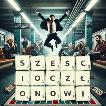 Kreatywna ilustracja do gry w Scrabble ze słowem SZEŚCIOCZŁONOWI ułożonym z płytek na planszy.