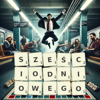 Kreatywna ilustracja do gry w Scrabble ze słowem SZEŚCIODNIOWEGO ułożonym z płytek na planszy.