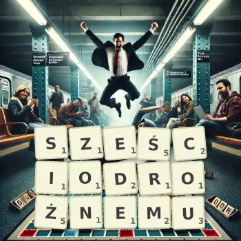 Kreatywna ilustracja do gry w Scrabble ze słowem SZEŚCIODROŻNEMU ułożonym z płytek na planszy.