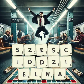 Kreatywna ilustracja do gry w Scrabble ze słowem SZEŚCIODZIELNA ułożonym z płytek na planszy.