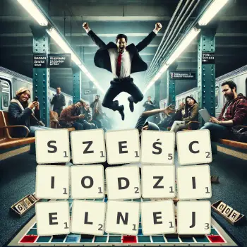 Kreatywna ilustracja do gry w Scrabble ze słowem SZEŚCIODZIELNEJ ułożonym z płytek na planszy.