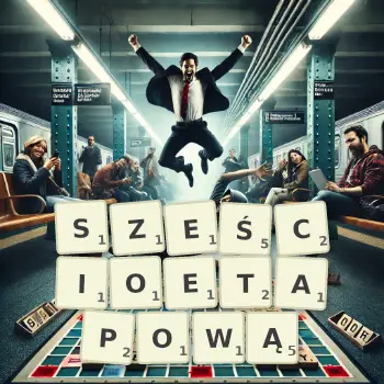 Kreatywna ilustracja do gry w Scrabble ze słowem SZEŚCIOETAPOWĄ ułożonym z płytek na planszy.
