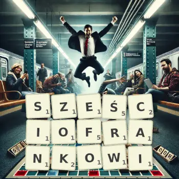 Kreatywna ilustracja do gry w Scrabble ze słowem SZEŚCIOFRANKOWI ułożonym z płytek na planszy.