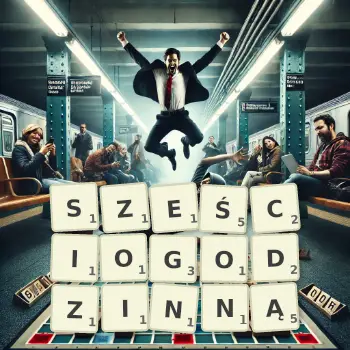 Kreatywna ilustracja do gry w Scrabble ze słowem SZEŚCIOGODZINNĄ ułożonym z płytek na planszy.