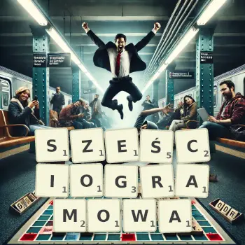 Kreatywna ilustracja do gry w Scrabble ze słowem SZEŚCIOGRAMOWA ułożonym z płytek na planszy.