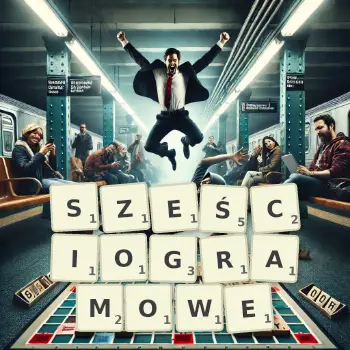 Kreatywna ilustracja do gry w Scrabble ze słowem SZEŚCIOGRAMOWE ułożonym z płytek na planszy.