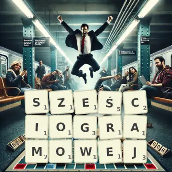Kreatywna ilustracja do gry w Scrabble ze słowem SZEŚCIOGRAMOWEJ ułożonym z płytek na planszy.