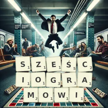 Kreatywna ilustracja do gry w Scrabble ze słowem SZEŚCIOGRAMOWI ułożonym z płytek na planszy.