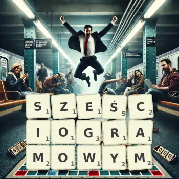 Kreatywna ilustracja do gry w Scrabble ze słowem SZEŚCIOGRAMOWYM ułożonym z płytek na planszy.