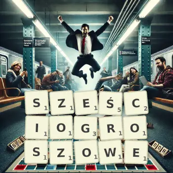 Kreatywna ilustracja do gry w Scrabble ze słowem SZEŚCIOGROSZOWE ułożonym z płytek na planszy.