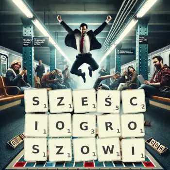Kreatywna ilustracja do gry w Scrabble ze słowem SZEŚCIOGROSZOWI ułożonym z płytek na planszy.