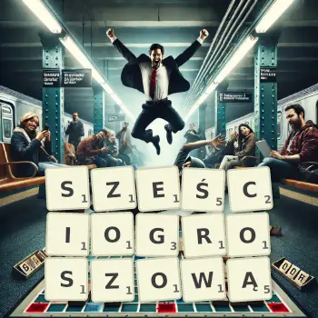 Kreatywna ilustracja do gry w Scrabble ze słowem SZEŚCIOGROSZOWĄ ułożonym z płytek na planszy.