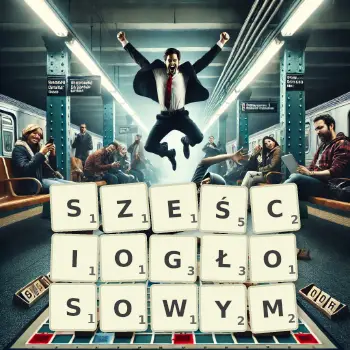 Kreatywna ilustracja do gry w Scrabble ze słowem SZEŚCIOGŁOSOWYM ułożonym z płytek na planszy.