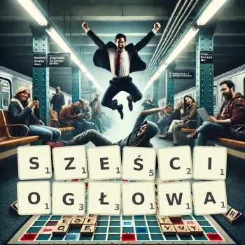 Kreatywna ilustracja do gry w Scrabble ze słowem SZEŚCIOGŁOWA ułożonym z płytek na planszy.