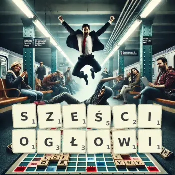 Kreatywna ilustracja do gry w Scrabble ze słowem SZEŚCIOGŁOWI ułożonym z płytek na planszy.