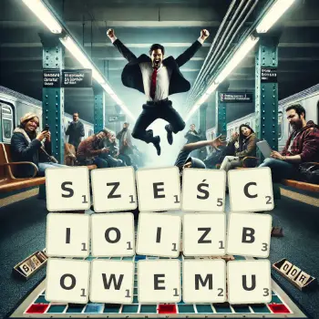 Kreatywna ilustracja do gry w Scrabble ze słowem SZEŚCIOIZBOWEMU ułożonym z płytek na planszy.