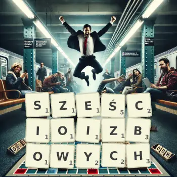Kreatywna ilustracja do gry w Scrabble ze słowem SZEŚCIOIZBOWYCH ułożonym z płytek na planszy.
